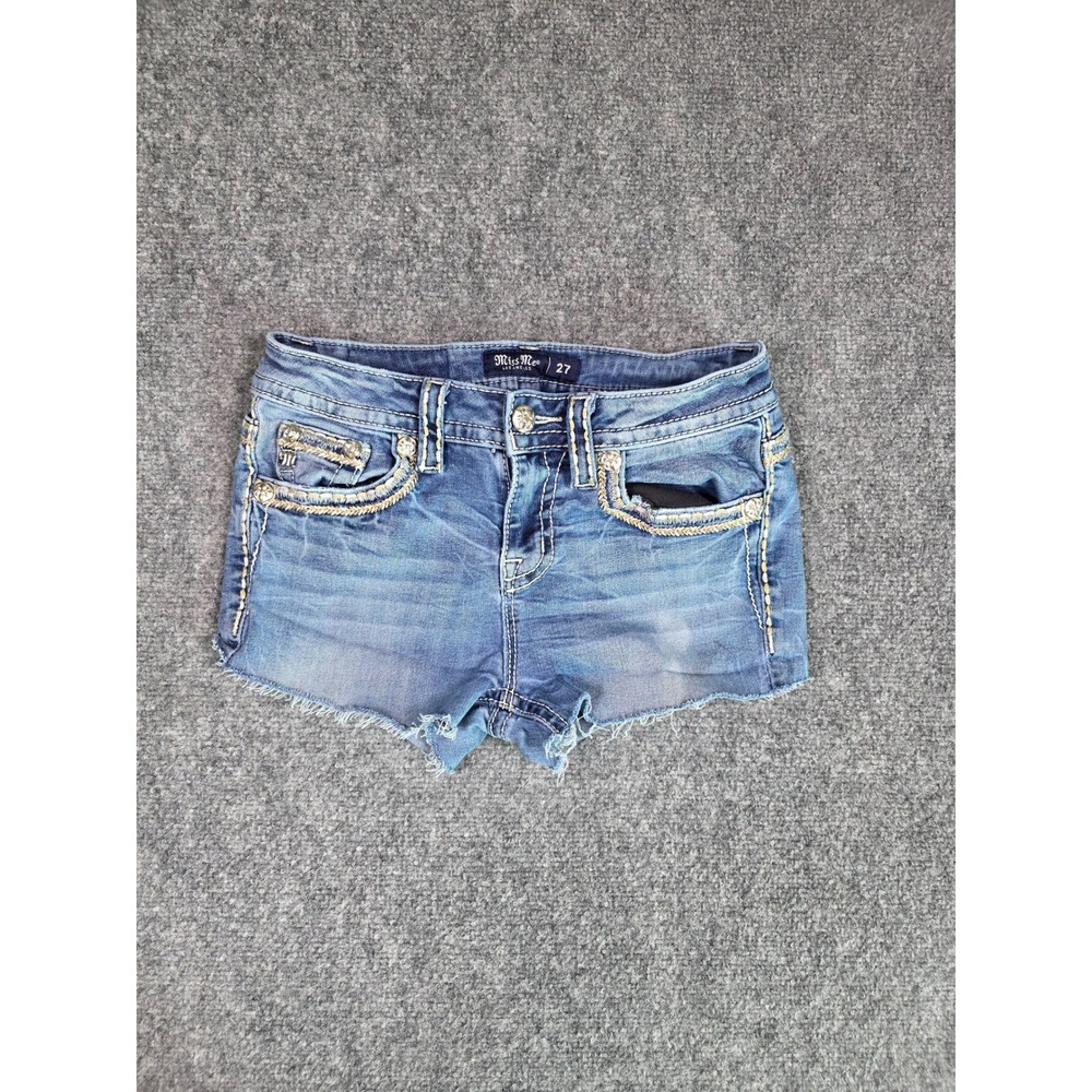 Miss Me Chloe Boot Denim Shorts Womens 27 Blue Embroidered Frayed Raw Hem